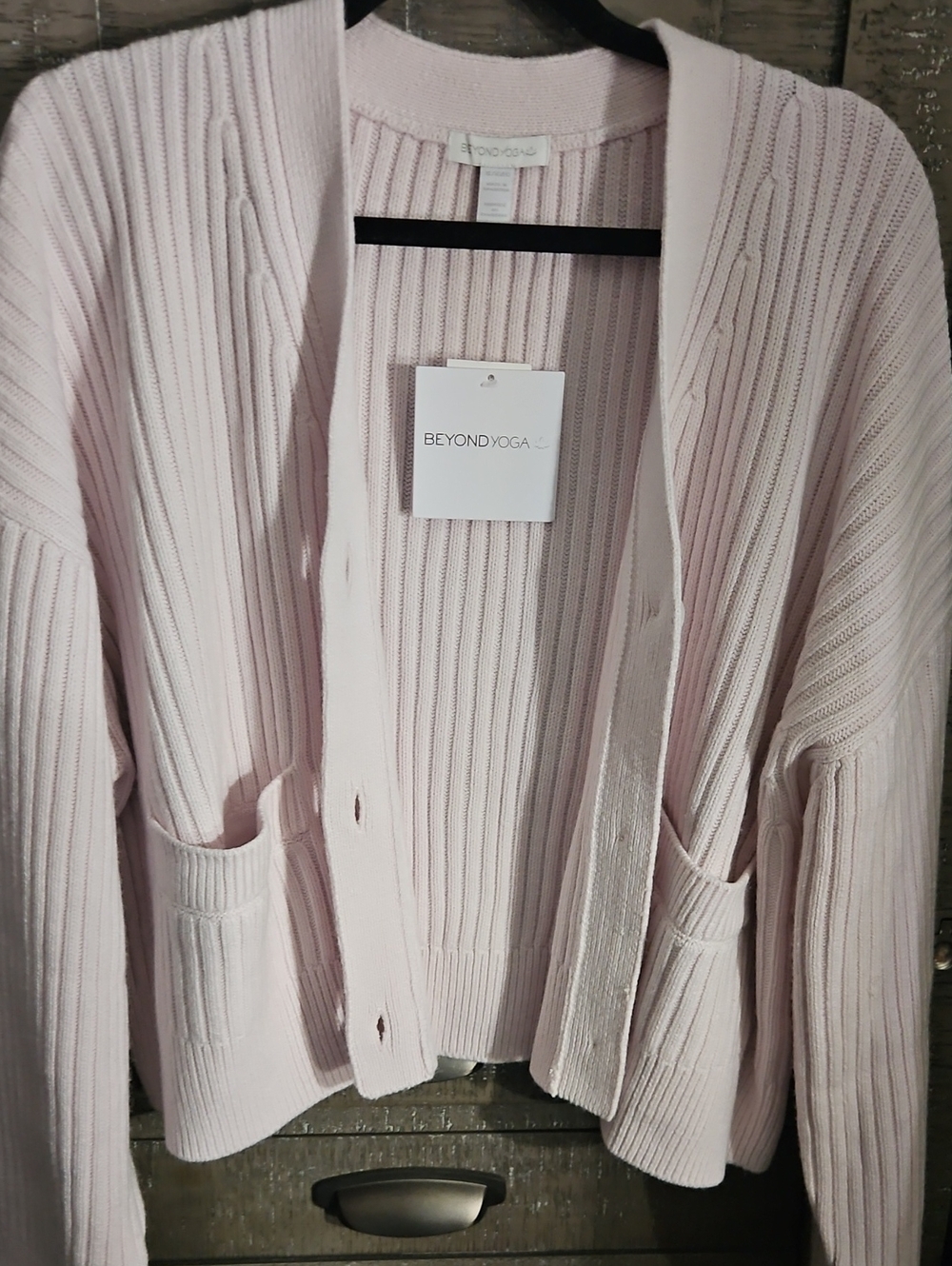 Beyond Yoga Light Pink Ribbed Open-Front Cardigan with Pockets
